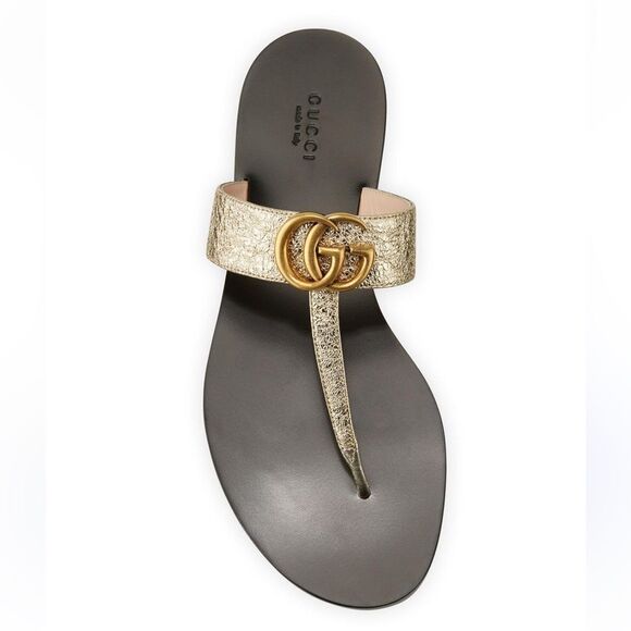 Gucci GG Marmont Gold Crinkle Leather Thong Sandals Size 7